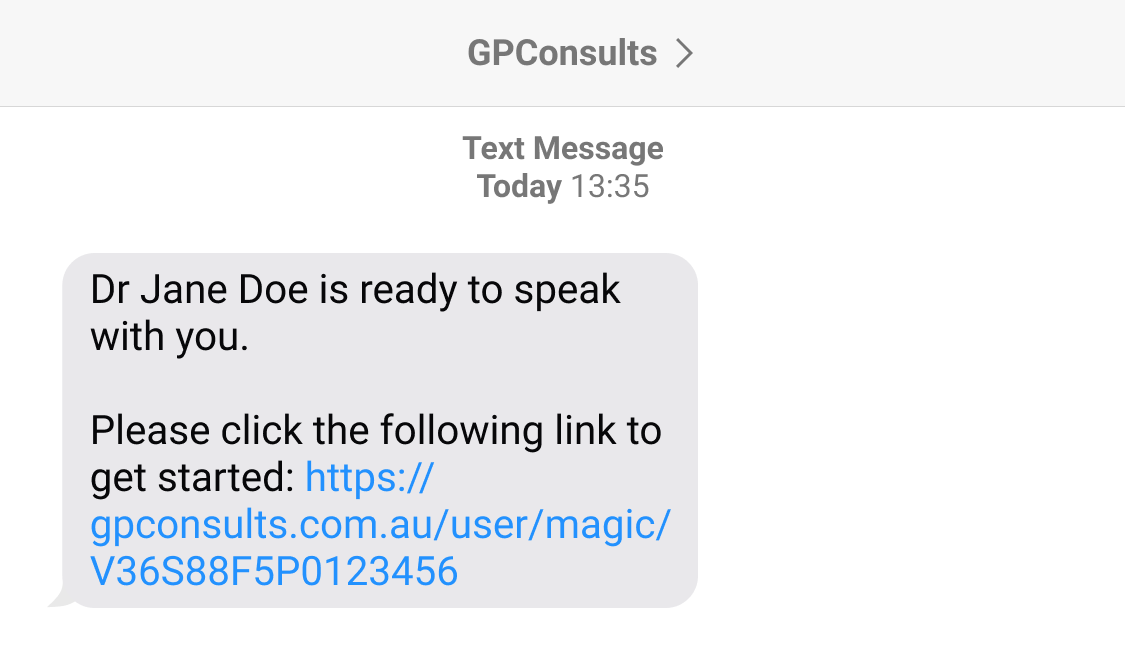 The SMS magic-link invite as the patient sees it